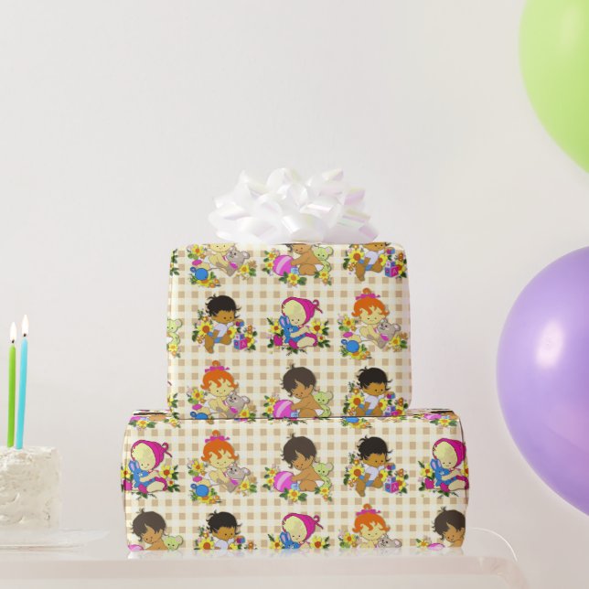 Papel De Presente Bebês Gelados Retro Xadrez bege Colorida (Presentes para festas)