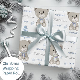Papel De Presente Bebês Primeiro Natal Bear Azul