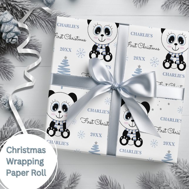 Papel De Presente Bebês Primeiro Natal Panda Bear Azul (Criador carregado)