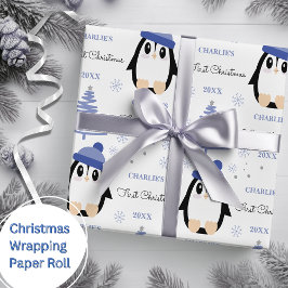 Papel De Presente Bebês Primeiro Natal Pinguim Azul