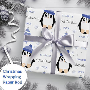 Papel De Presente Bebês Primeiro Natal Pinguim Azul
