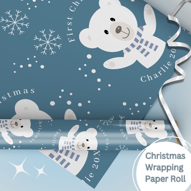 Papel De Presente Bebês Primeiro Natal Polar Bear Blue (Criador carregado)