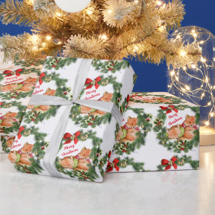 Papel De Presente Bebês Raposos Fofos em Cachecóis de Natal Feriado