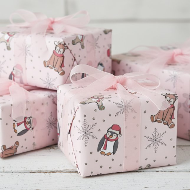 Papel De Presente Bebês Rosa Primeiro Natal Animais de inverno (Girly Winter Baby Shower Wrapping Paper. Christmas Stuffed Animals 4 Baby It's Cold Outside Party)