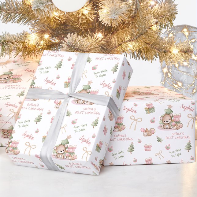 Papel De Presente Bebida de Natal Nome Rosa Texto de Natal (Christmas Bear Girl Pink Name Text Christmas Wrapping Paper)