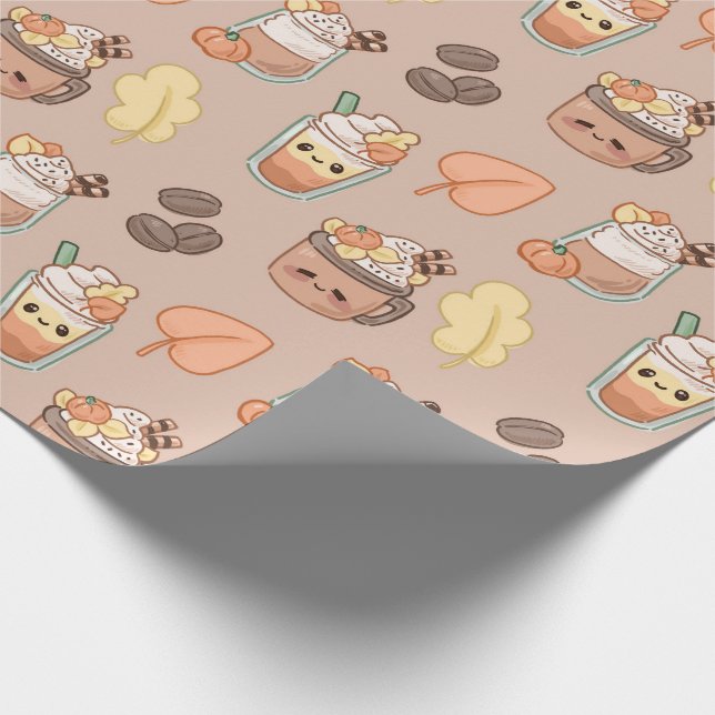 Papel De Presente Bebidas Batidas de Outono e Padrão de Folhas (Ponta)