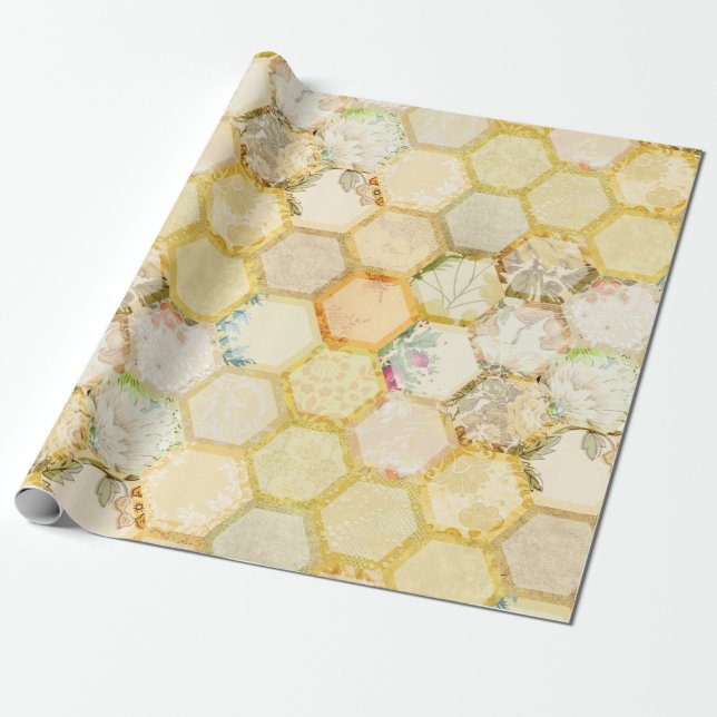 Papel De Presente Bee Floral Honeycomb Beehive (Desenrolado)