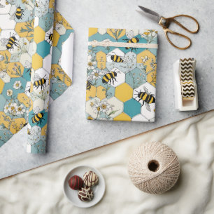 Papel De Presente Bee Floral Honeycomb Pattern with Daisies