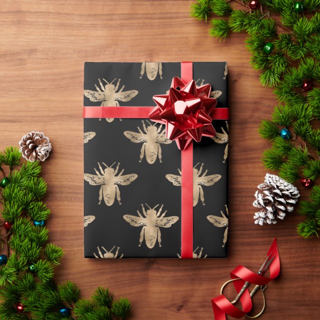 Papel de Presente Bee Gothic Preto e Dourado (Presente de Natal)