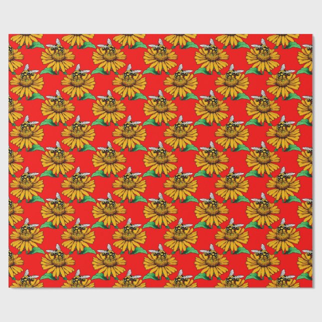 Papel De Presente Bee on Sunflower Flower Pattern Design Red  (Aberto)