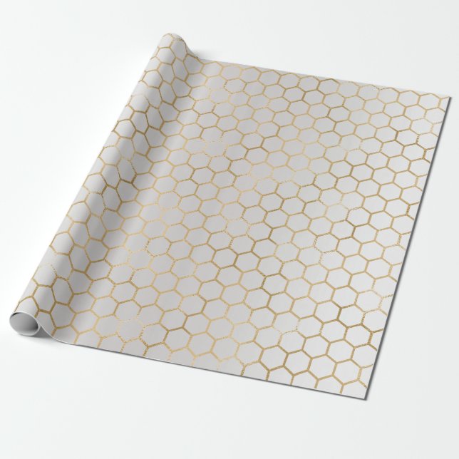 Papel De Presente Bee Queen Honey Comb Cinza Metálica Dourada Sepia (Desenrolado)