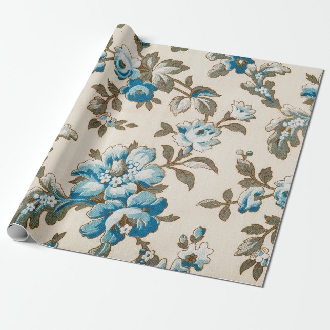 Papel De Presente bege Botânico Floral - Flores Azuis Antigas (Desenrolado)