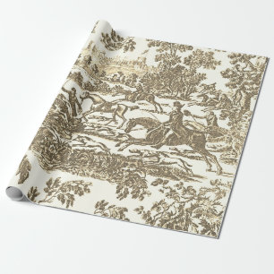 Papel De Presente Bege Dourado Vintage Cavalos e Cães de Caça