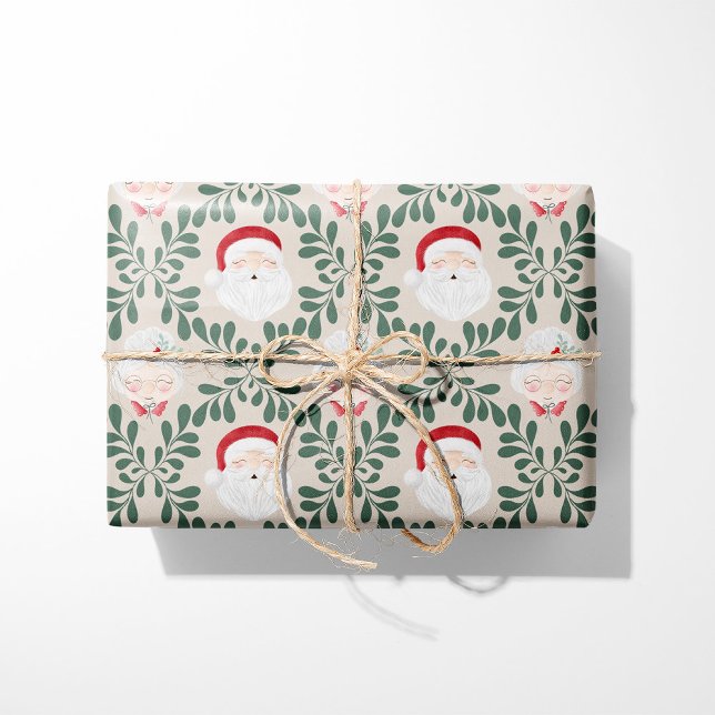 Papel De Presente Beige Mr. & Mrs. Claus Christmas Wrapping Paper (Criador carregado)