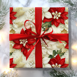 Papel De Presente Beige & Red Poinsettia Flor Pearls Natal