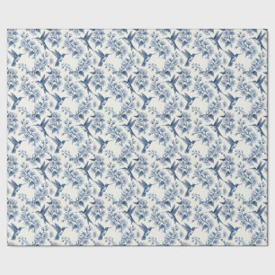Papel De Presente Beija-flor e Galhos Toile Azul Chinoiserie