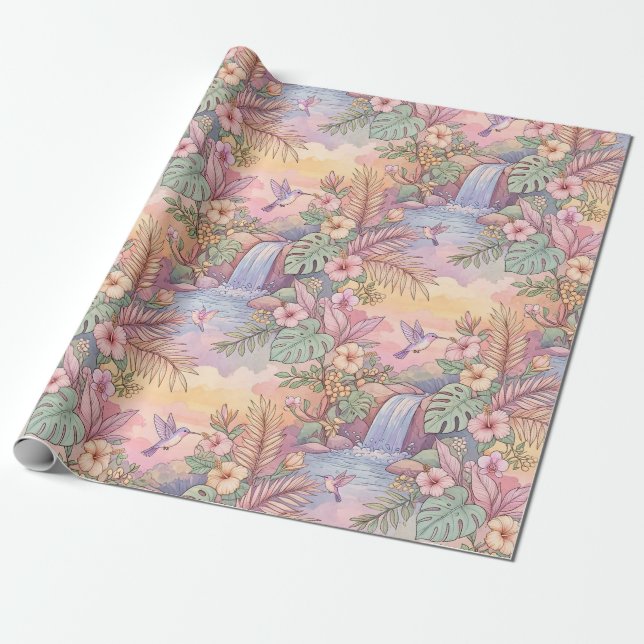 Papel De Presente Beija-flores Hibisco Cachoeira Alegre  (Desenrolado)