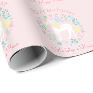 Papel De Presente Beijo Floral Unicórnio Rosa Personalizado Aniversá