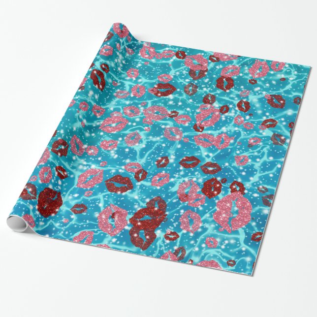 Papel De Presente Beijos vermelhos e rosa no oceano azul (Desenrolado)
