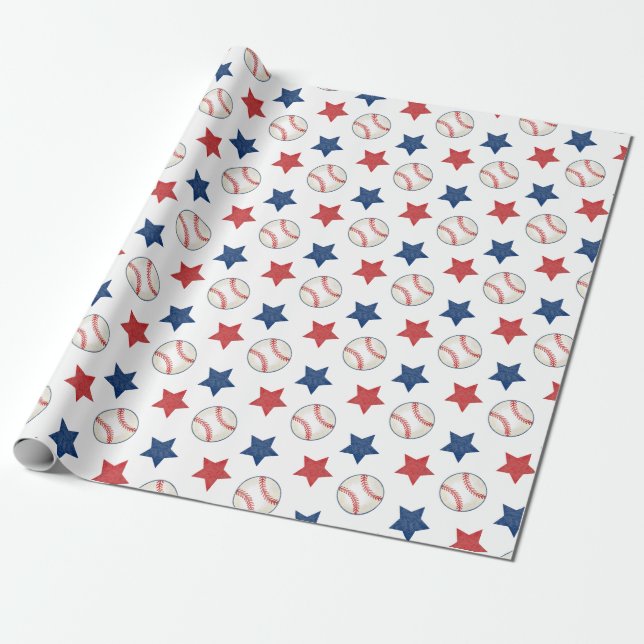 Papel De Presente Beisebol e estrelas Vermelho Branco e Padrão Azul (Desenrolado)