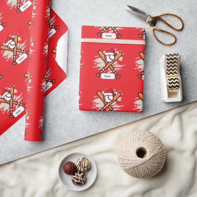 Papel De Presente Beisebol para o Natal com Santa Hat (Artesanato)