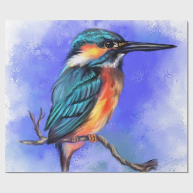 Papel De Presente Bela Ave de Kingfisher - Arte de Aquarela Migrada (Aberto)
