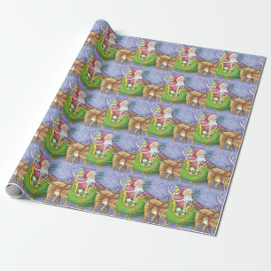 Papel De Presente Bela Cartoon Natal Papai Noel Sleigh Reindeer