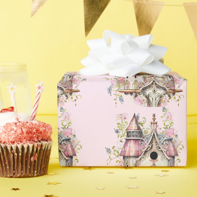 Papel De Presente Bela Casa de Pássaros em Estilo Vitoriano em Aquar (Festa de aniversário)