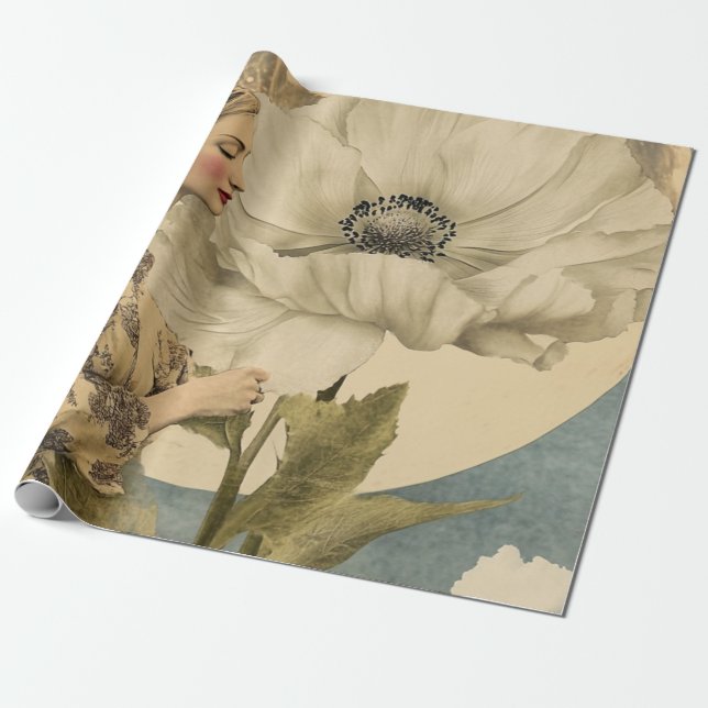 Papel De Presente Bela Lua - Mulher com Flor Branca e Lua (Desenrolado)