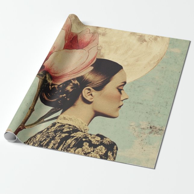 Papel De Presente Bela Lua - Mulher com Flor Rosa e Lua (Desenrolado)