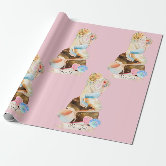 Papel De Presente Bela Mãe de Sereia Bebê É uma Menina Rosa (Desenrolado)