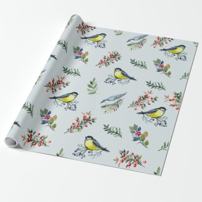 Papel De Presente Belas Aves, Botânicos e Berries Vermelhos (Desenrolado)