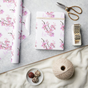 Papel De Presente Belas flores de cerejeira Sakura em rosa aguarela