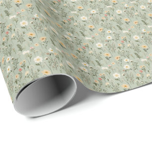 Papel De Presente Belas Flores de Prado em Verde