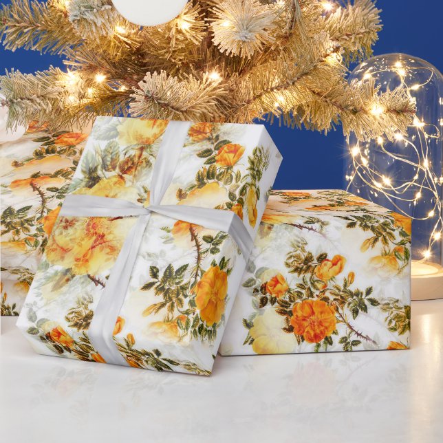 PAPEL DE PRESENTE BELAS FLORES LARANJA E AMARELO EM EMBALAGEM BRANCA (Feriados)