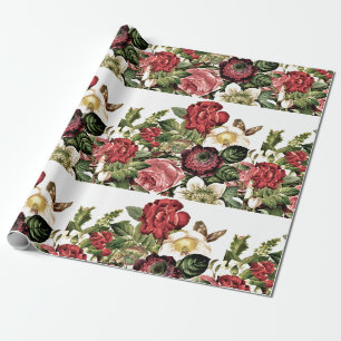 Papel De Presente Belas Rosas Vintage / Vermelho Escuro e Marfim