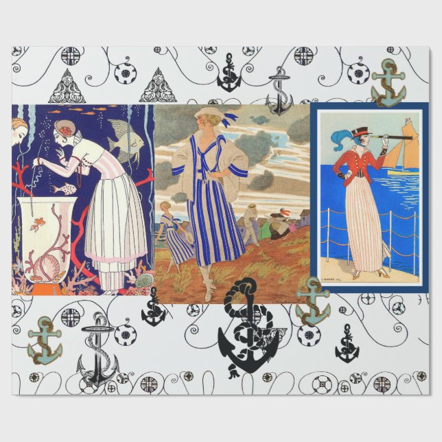 PAPEL DE PRESENTE BELEZA ART DÉCO NÁUTICA MODA COM ÂNCORAS (Aberto)