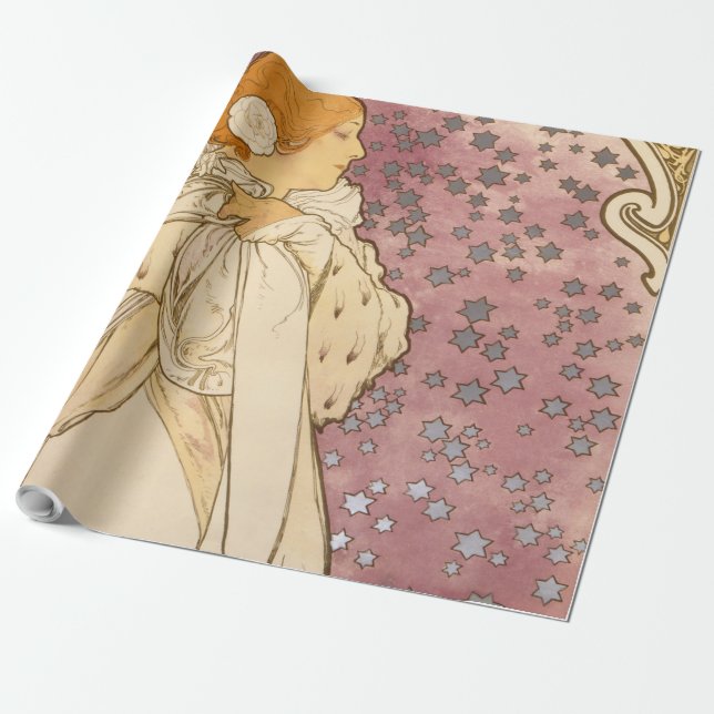 Papel De Presente Beleza da Mulher Mucha Art Nouveau (Desenrolado)