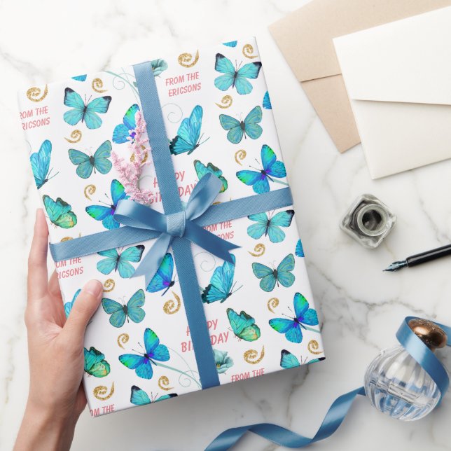 Papel De Presente Belo aniversário da borboleta azul (Presentear)