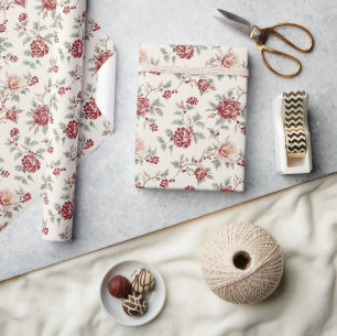 Papel De Presente Belo Aniversário Floral Vermelho Creme Chic