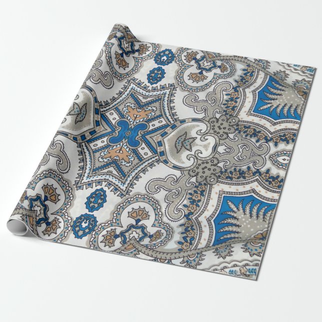 Papel De Presente Belo arabesco branco e azul, padrão islâmico (Desenrolado)