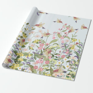 Papel De Presente Belo beija-flor no jardim floral doce