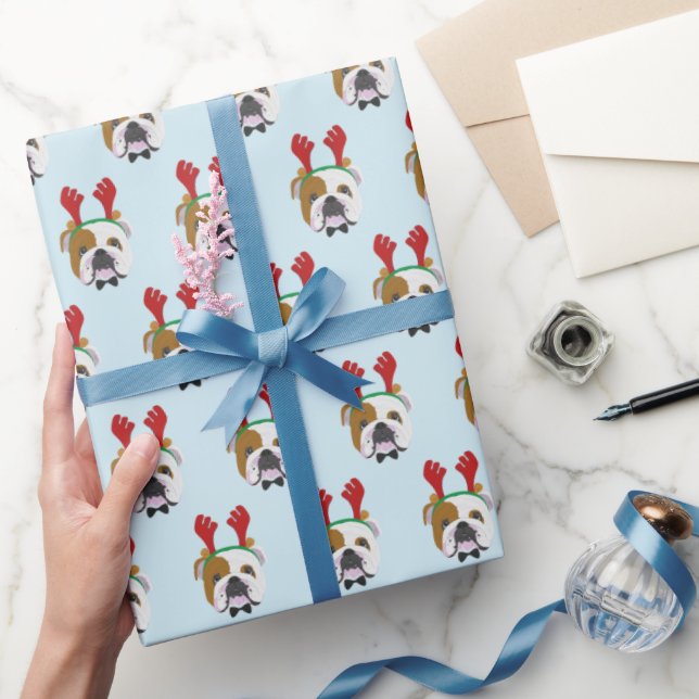 Papel De Presente Belo Bulldog Inglês com Reindeer Hat - Natal (Presentear)