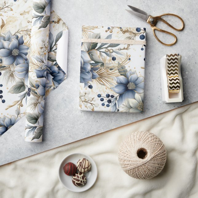 Papel De Presente Belo Natal Azul Flores do Natal (Artesanato)