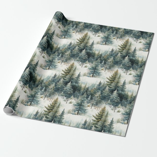 Papel De Presente Belo Natal da Floresta de Pinus Neves (Desenrolado)