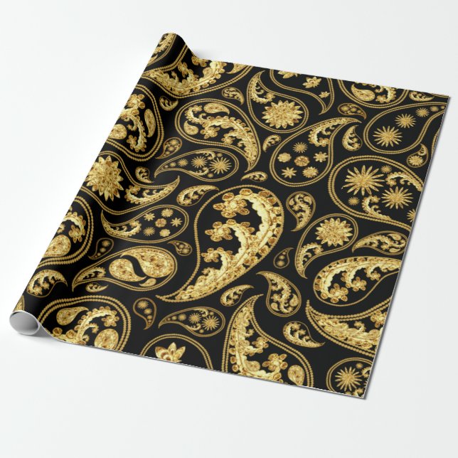 Papel De Presente Belo padrão preto e Dourado de Paisley (Desenrolado)