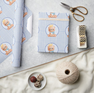 Papel De Presente Belo Urso Azul Gingham