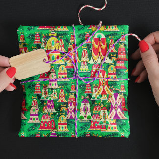 Papel De Presente Belo vintage retro sinos coloridos verde de Natal
