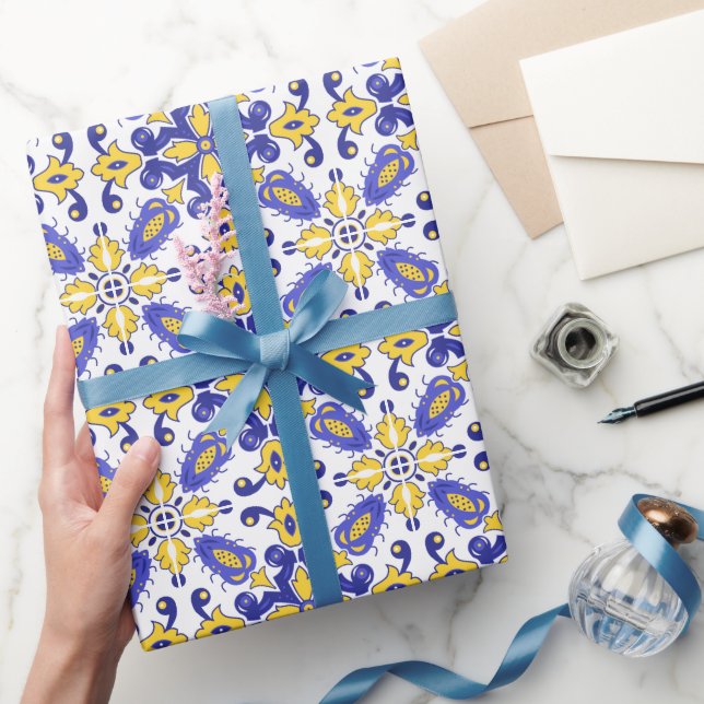 Papel De Presente 💙 💛 Belos Azulejos azuis e amarelos (Presentear)
