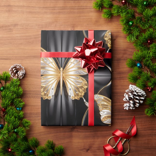 Papel De Presente Belos borboletas Douradas e prateadas (Presente de Natal)